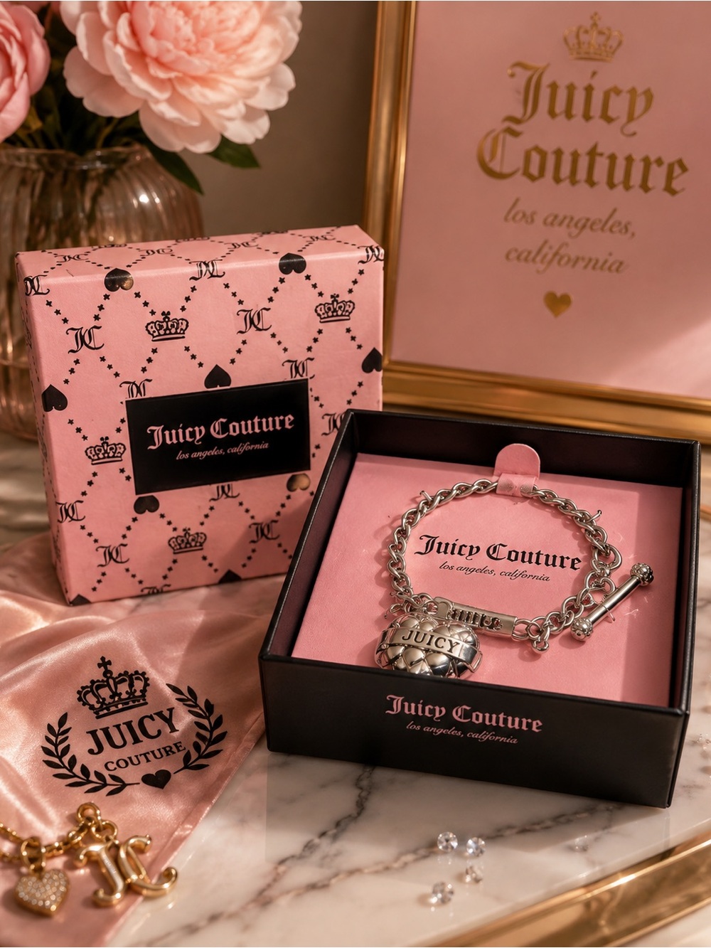 Juicy Couture Silver Charm Bracelet with Pink Box